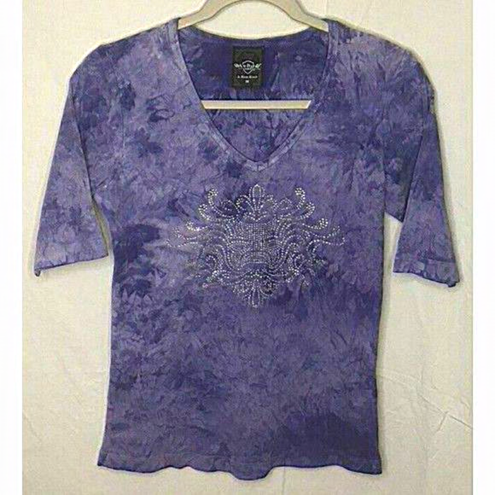 SLEDGE USA Womens Med Short Sleeve Top Blue Tie Dye Embellished T-Shirt Cotton